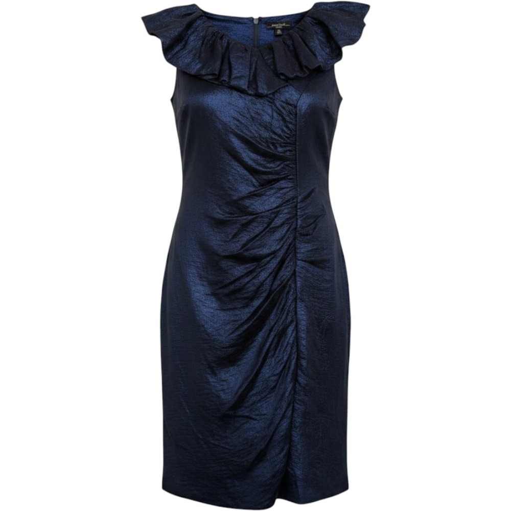 R&M Richards Navy Blue Metallic Ruched Portrait Neckline Cocktail Dress 16W
